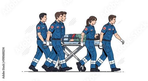 Paramedics carrying patient on stretcher, medical emergency response team, healthcare assistance