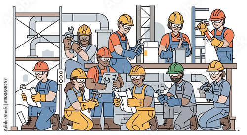 Diverse construction workers team collaborating on industrial project, engineering, teamwork