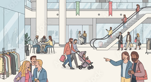 Diverse shoppers enjoying a bright, modern shopping mall with escalators, stores, and cafes.