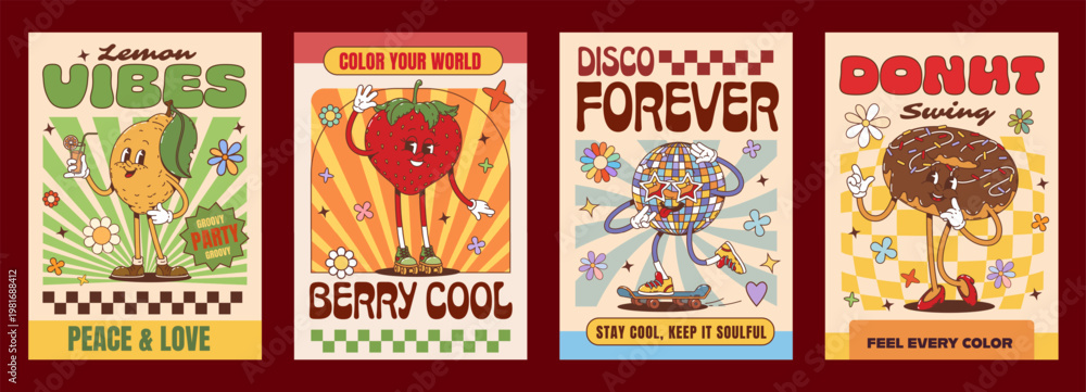 Naklejka premium Retro funky groovy hippie characters posters with funny disco ball in sunglasses, cartoon vector. Y2K groovy posters with hippie strawberry and freaky donut dessert with flowers and good vibe quotes