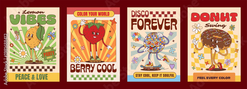 Retro funky groovy hippie characters posters with funny disco ball in sunglasses, cartoon vector. Y2K groovy posters with hippie strawberry and freaky donut dessert with flowers and good vibe quotes