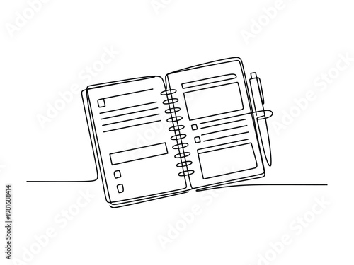 Line drawing of an open spiral bound notebook with pen on transparent background