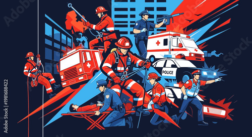 Emergency Services Teamwork: Firefighter, Paramedic, Police Rescuing People