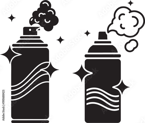 Spray paint cans emitting clouds and sparkles vector illustration spray can black and white canister graffiti illustration creative container artistic atomizer decoration maintenance