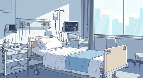 Empty Hospital Room with Medical Equipment and City View