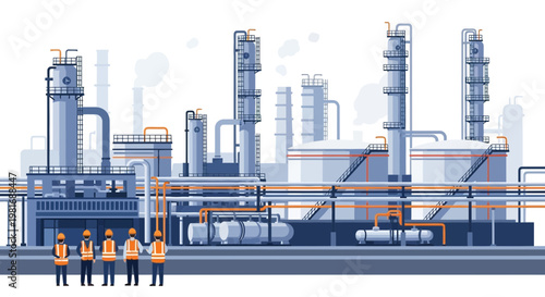 Industrial Oil Refinery Complex with Workers, Modern Petrochemical Plant