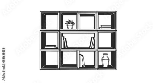 Detailed illustration of a modern modular bookshelf with various items.