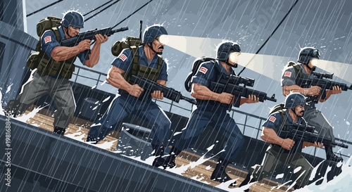 Special Forces Unit Advancing Under Heavy Rain on Ship Deck, Military Operation