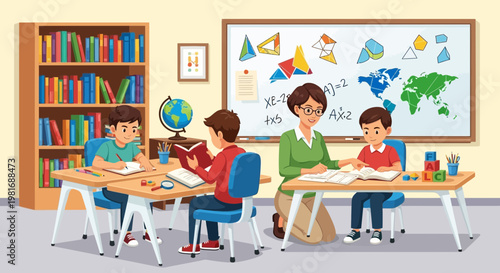 Classroom learning scene with teacher and students studying at desks, whiteboard with educational drawings.