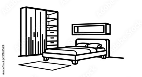 Minimalist Bedroom Interior with Bed Wardrobe and Shelf Line Art.