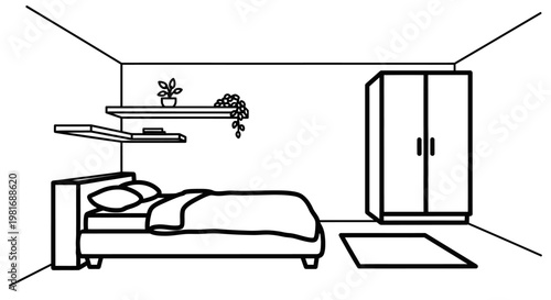 Minimalist bedroom interior with bed, shelves, and wardrobe.