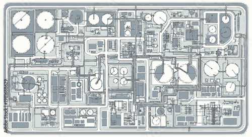 Industrial Complex Blueprint: Aerial View of Refinery and Pipeline Network