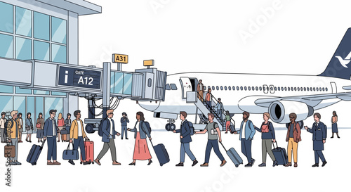 Diverse travelers board airplane at airport gate with jet bridge and luggage