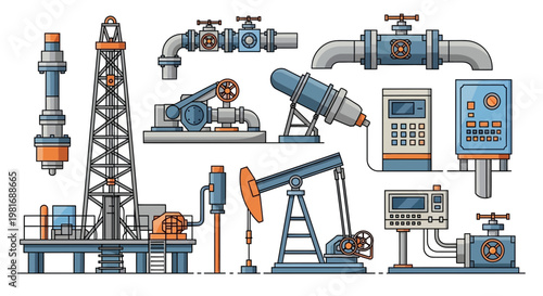 Oil Rig Equipment and Machinery Set: Drilling, Pumping, Valves, Control Panels