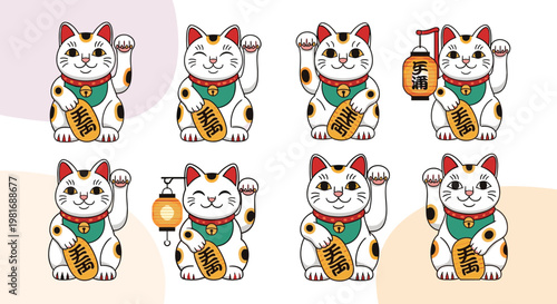 Collection of traditional Japanese lucky cat or Maneki-neko figurines in various poses and carrying different lucky items.