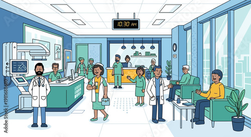 Diverse medical team and patients in modern hospital reception and waiting area.