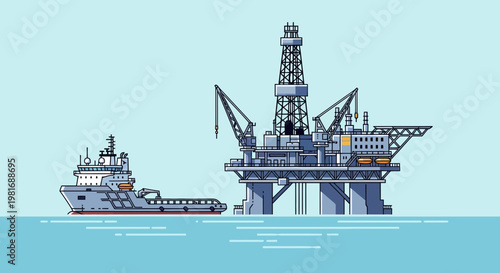 Offshore oil rig and supply vessel, pixel art style, industrial marine scene