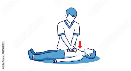 First Aid CPR Technique: Person performing chest compressions on unconscious individual