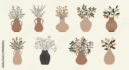 Aesthetic flower arrangements in various ceramic vases and pots in a minimalist bohemian style for interior home decoration.
