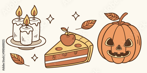 Autumnal still life featuring pumpkin cake candles and falling leaves