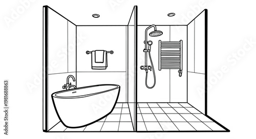 Modern Bathroom Design with Freestanding Bathtub and Shower Area.