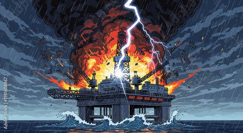 Oil rig explosion during a fierce thunderstorm at sea, dramatic fiery disaster