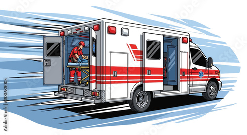 Ambulance Responding to Emergency with Medical Personnel and Stretcher