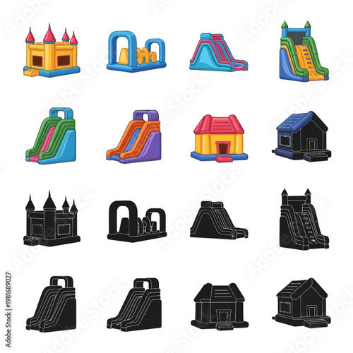 Inflatable bounce house slides and obstacles.
