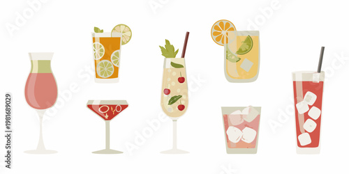 Colorful assortment of various refreshing summer cocktails and beverages displayed