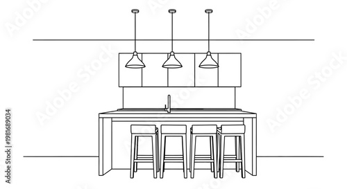 Modern Kitchen Island with Pendant Lights and Stools.
