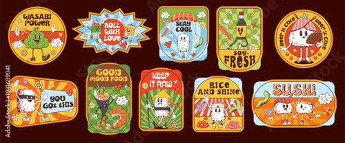 Japanese sushi and roll characters hippie groovy label stickers and y2k patches, vector asian cuisine food. Cartoon maki, temaki and nigiri sushi with chopsticks, wasabi and soy sauce groovy stickers