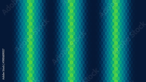 background design with dark blue and green gradient hexagon pattern surface.   gradient 3 vertical neon lines right in the middle of the background