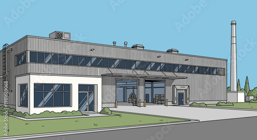Modern Industrial Building Facade with Chimney and Large Windows