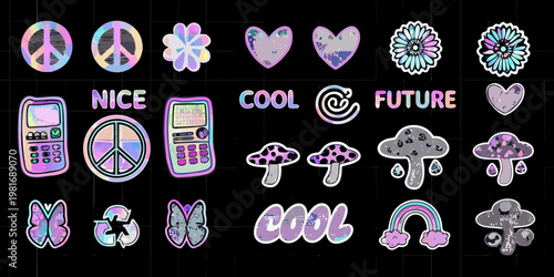 A colorful collection of 90s and y2k inspired stickers on a black background