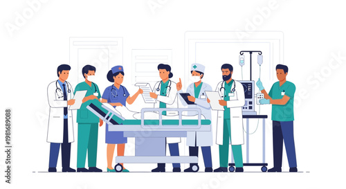 Medical Team Surrounding Patient Bed in Hospital Room