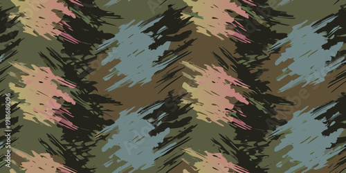 Abstract camouflage pattern with brushstroke textures in muted tones