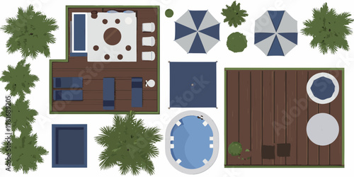 Aerial view of outdoor furniture and swimming pools flat vector illustration