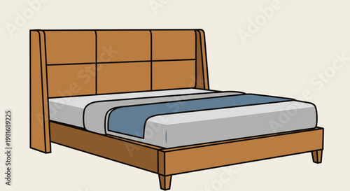Modern Wooden Bed Frame with Upholstered Headboard and Bedding.