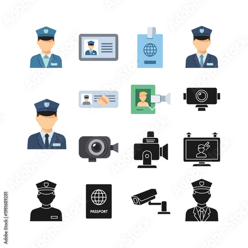 Police officers and surveillance icons.