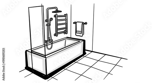 Monochrome sketch of a modern bathroom with bathtub and shower.