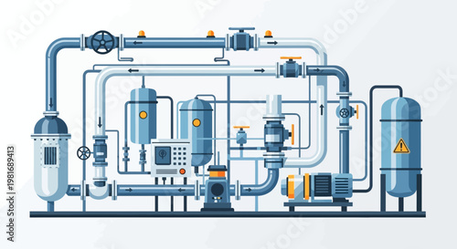 Industrial Pipeline System with Pumps, Valves, and Tanks - Technical Illustration