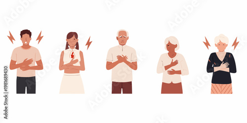 Diverse people experiencing chest pain and potential heart attack symptoms