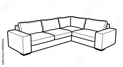 Simple line art drawing of a modern L-shaped sectional sofa.