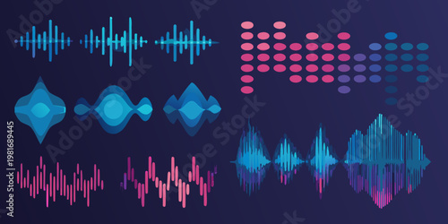 Abstract sound wave patterns and digital data visualizations in blue and pink