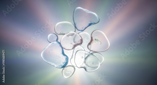 Translucent Glowing Liquid Shapes Forming an Abstract Fluid Cluster on a Softly Lit Background