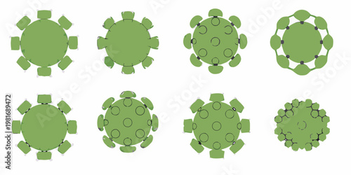 Illustrations of green circular tables with surrounding chairs depicted from above