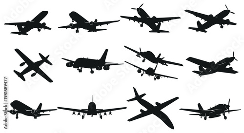 Silhouettes of various types of airplanes and jets in flight from different perspectives and angles for aviation design.