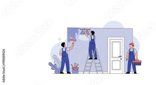 Team of professional workers painting an indoor wall and installing light fixtures using a ladder and building tools.