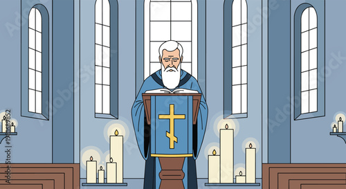 Orthodox priest with a long white beard reading from a holy book at a podium surrounded by candles in a quiet church.