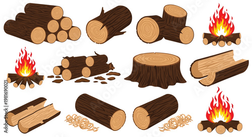 Collection of wood logs, fire pits, tree stumps, and wood shavings representing outdoor camping and forestry themes.